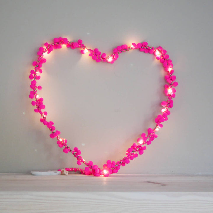 Heart Pom Pom Fairy Light  Neon Pink