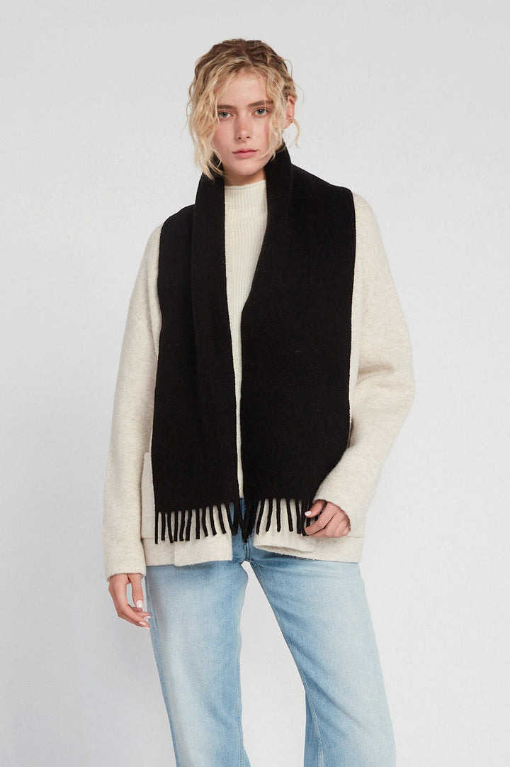 Wool Blend Fringe Trim Scarf, Black