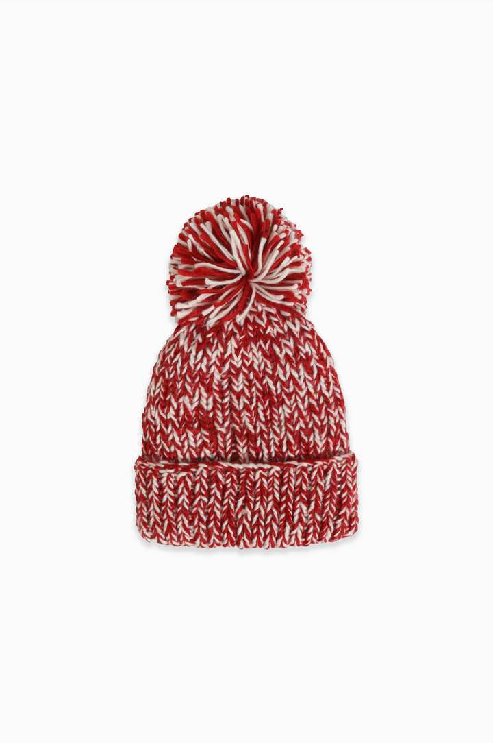 Hand Knit Candy Cane Pompom Hat, red