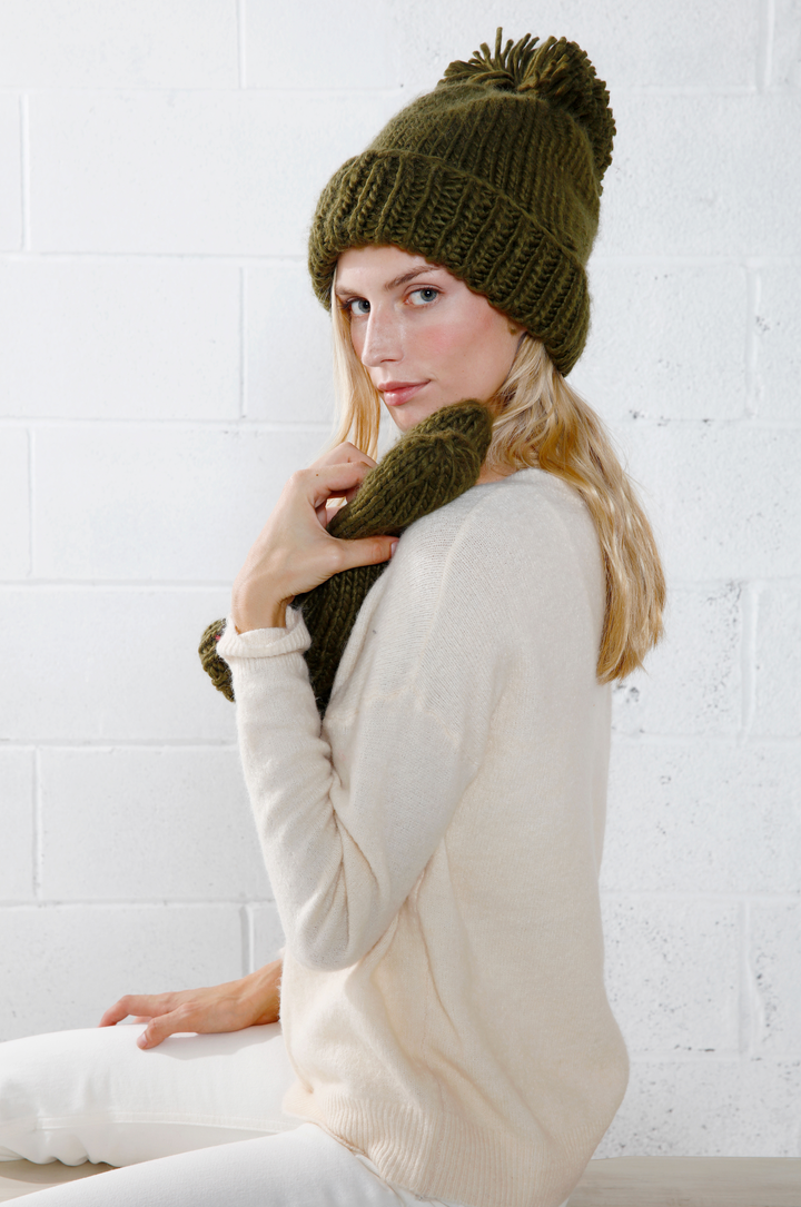 Hand Knit Basic Pom Pom Hat, olive