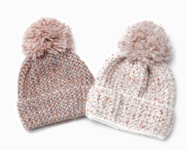 Waffle-Knitted Confetti Pom Pom Beanie Hat