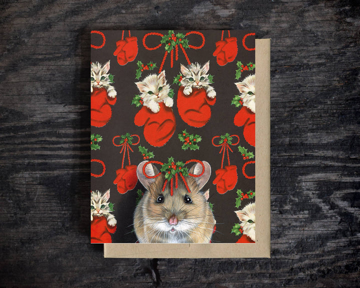 Holiday Mouse   -  Note Card - Christmas - Cat - Stocking