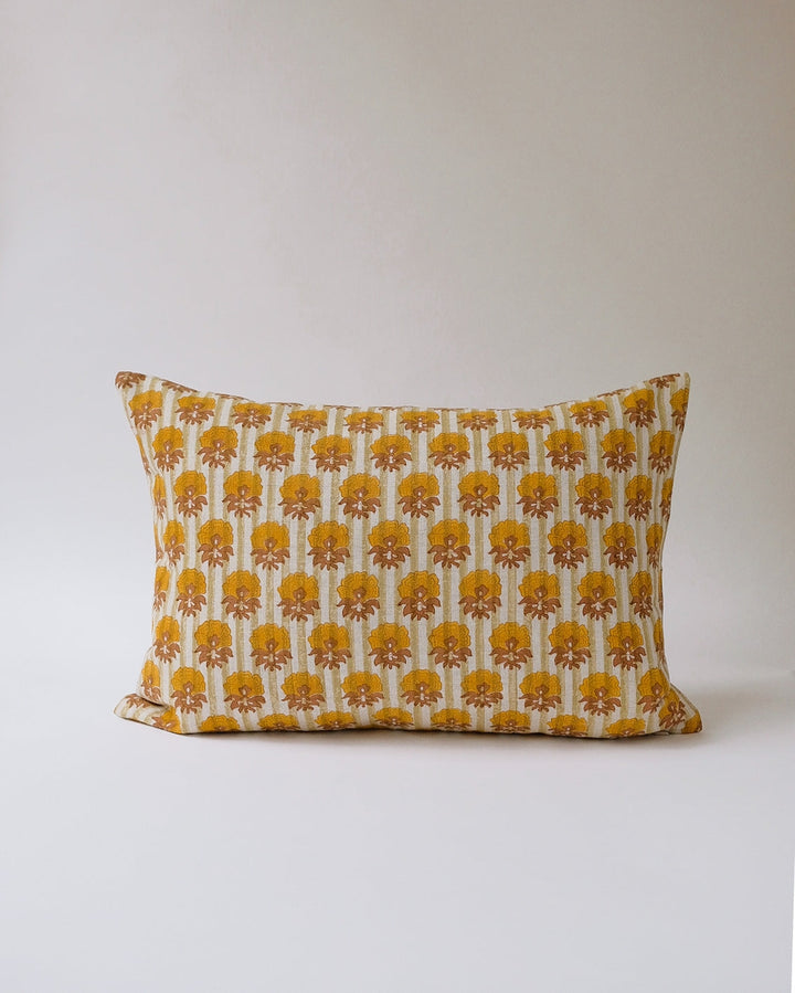 Veda Hand Block Printed Linen Pillow, 14x20, mustard stripe w/insert