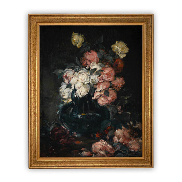 Flowers in Black Vase Vintage Art, casa gold frame, 8x10