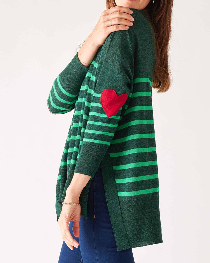 Amour Sweater w/Heart Patch, alpine/clover stripe, OS