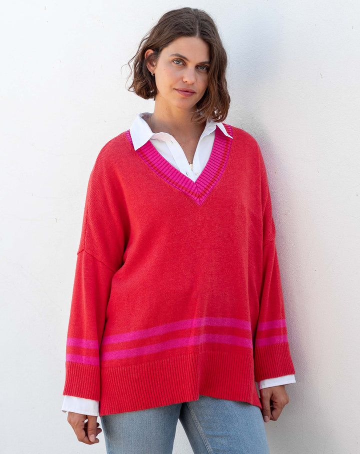 Montauk V-Neck Sweater, orange + pink