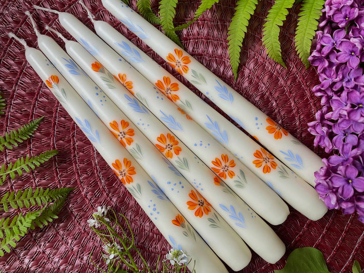 Set of 2 Hand Painted Ivory Colored Candles Taper Candles